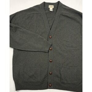 VTG LL Bean Military Green Lambswool Pocketed Cardigan Leather Buttons XL Latvia